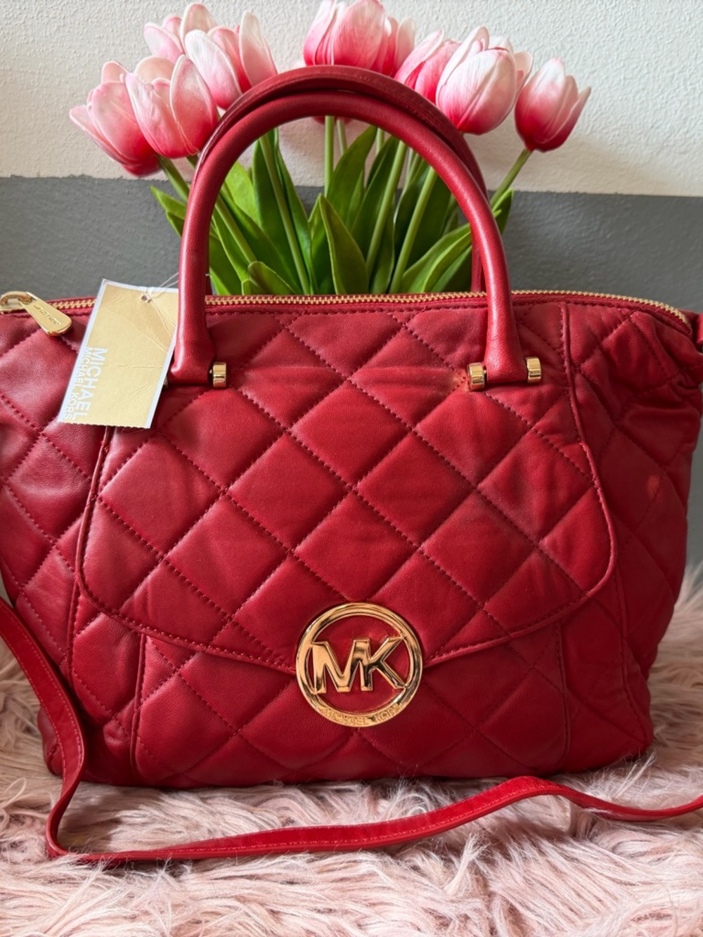 Michael Kors Quilted Red Leather Satchel with Gold MK Emblem